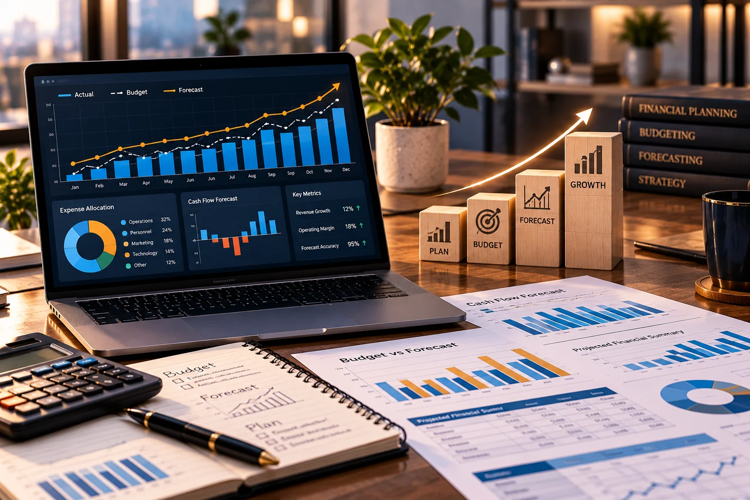 Budgeting and forecasting dashboard showing revenue, cash flow and scenario planning