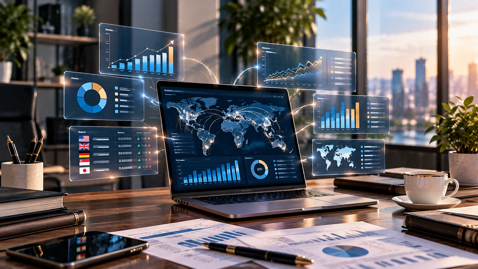 Financial reporting dashboard showing profitability, cash flow and financial position