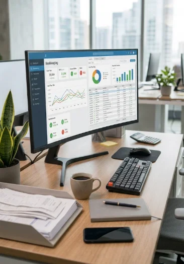 Bookkeeping dashboard shown on a desktop monitor