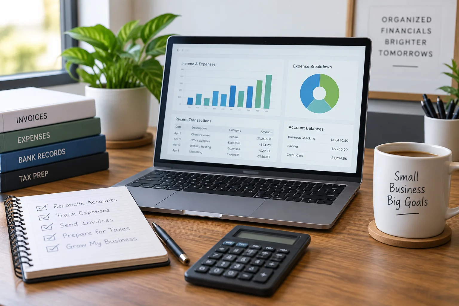 Small business owner's desk with a laptop showing a bookkeeping dashboard, labeled binders and a checklist